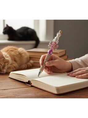 White Cat Crystal Beaded Pen With Pink Bow & Glitter Accents For Writing Or Gift